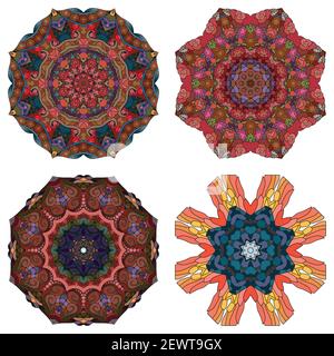Handgemaltes Kunstdesign. Farbe handgezeichnete Illustration Set von 4 Mandalas für die Dekoration Stock Vektor
