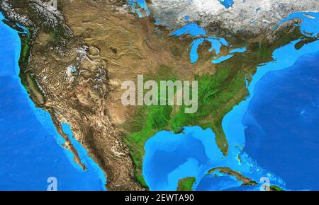 Physische Karte der Vereinigten Staaten von Amerika. Geographie und Topographie der USA. Detaillierte flache Ansicht des Planeten Erde - Elemente von NASA Stockfoto