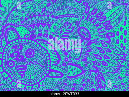 Blumenschmuck mit Mustern und Blättern. Zendoodle fantastischen blauen Hintergrund. Abstraktes Tripy-Muster. Psychedelische Kunst. Vektorgrafik Stock Vektor