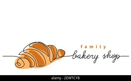 Bäckerei oder Geschäft Vektor-Zeichen, Banner, Poster, Hintergrund. Eine fortlaufende Linie Zeichnung von Croissant mit Schriftzug Familie Bäckerei Stock Vektor