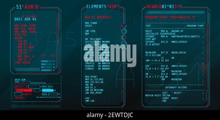 HUD-Schnittstellenelemente mit einem Teil des Codes Assembly. Stock Vektor