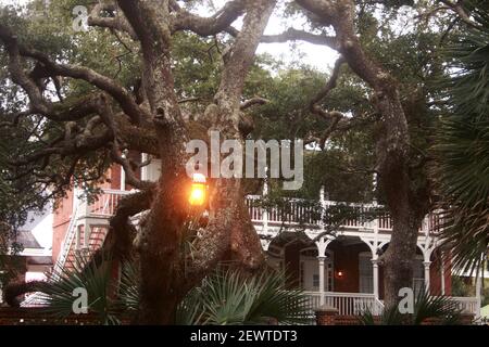 Das Haus des Hüters am historischen St. Augustine Lighthouse, FL, USA. Südliche lebende Eichen vor dem Grundstück. Stockfoto