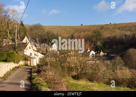 Ansicht von Kingscourt mit Rodborough Common im Hintergrund, Gloucestershire, Großbritannien Stockfoto