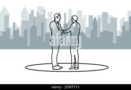 Linie Kunst Zeichnung des Unternehmens Handschlag Abkommen Konzept Geschäftsmann Frau Handschlag Partnerschaft Kommunikation männlich Frau Cartoon Charakter . Stock Vektor