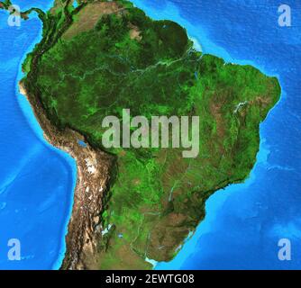 Physische Karte von Brasilien. Geographie und Topographie des Amazonas-Regenwaldes. Detaillierte flache Ansicht des Planeten Erde - Elemente von NASA Stockfoto