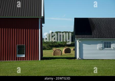 Bauernhäuser mit runden Heuballen in Door County Wisconsin Stockfoto