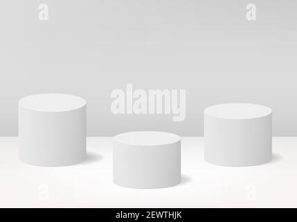 Weiß 3D realistische Zylinderform Podium. 3 Leerstufen für die Produktpräsentation. Minimale Vektordarstellung der Szene. Stock Vektor