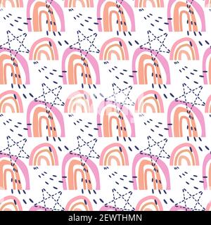 Vektor Regenbogen nahtlose Muster, minimalistischen Boho-Stil, handgezeichnete kindliche Design, Sterne, abstrakte Formen, rosa Farbpalette Stock Vektor