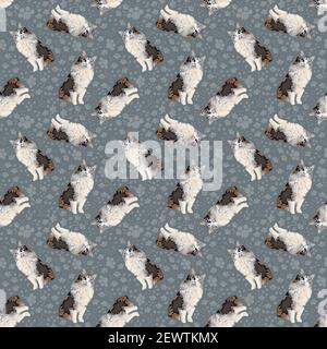 Große Katze Abbildung auf einem grauen Pfotendruck Hintergrund wiederholen Muster mit ideal für Material oder Verpackung Stockfoto