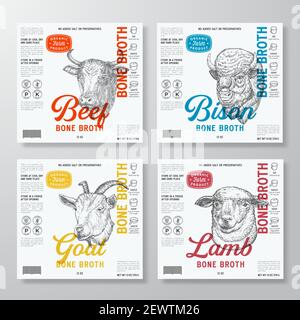 Vorlagen Für Knochenbrühe-Etiketten Gesetzt. Abstract Vektor Lebensmittel Verpackung Design Layouts Sammlung. Moderne Typografie mit handgezeichneter Kuh, Bison, Ziege und Schaf Stock Vektor