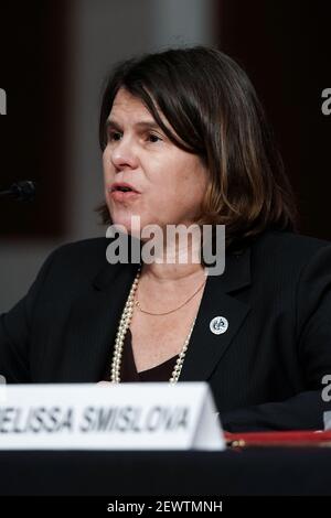 Melissa Smislova, Senior Official Performing the Offices of the under Secretary, Office of Intelligence and Analysis, Department of Homeland Securit, beantwortet Fragen während einer gemeinsamen Anhörung des Senats für innere Sicherheit und Regierungsangelegenheiten und der Senatsordnung und -Verwaltung am Mittwoch, den 3. März, 2021 um den Angriff auf das US-Kapitol vom 6th. Januar zu diskutieren.Quelle: Greg Nash/Pool via CNP Stockfoto