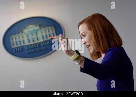 Washington, USA. März 2021, 03rd. Jen Psaki, die Pressesprecherin des Weißen Hauses, spricht am 3. März 2021 bei einer Pressekonferenz im Weißen Haus in Washington. Foto von Yuri Gripas/Pool/Sipa USA Quelle: SIPA USA/Alamy Live News Stockfoto