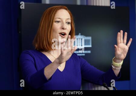 Washington, USA. März 2021, 03rd. Jen Psaki, die Pressesprecherin des Weißen Hauses, spricht am 3. März 2021 bei einer Pressekonferenz im Weißen Haus in Washington. Foto von Yuri Gripas/Pool/Sipa USA Quelle: SIPA USA/Alamy Live News Stockfoto