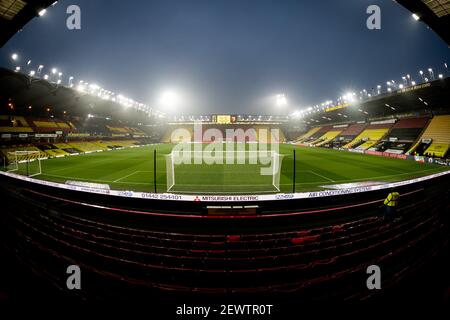 WATFORD, ENGLAND. MÄRZ 3rd: Ein allgemeiner Blick in das Stadion ist vor dem Sky Bet Championship-Spiel zwischen Watford und Wycombe Wanderers in Vicarage Road, Watford am Mittwoch, 3rd. März 2021 zu sehen. (Kredit: Juan Gasparini - MI News) Kredit: MI Nachrichten & Sport /Alamy Live Nachrichten Stockfoto