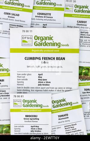 Päckchen Bio-Gemüsesamen für einen heimischen Gemüsegarten oder Zuteilung. Von Organic Gardening zertifiziert von Bio-Bauern & Züchter. Stockfoto