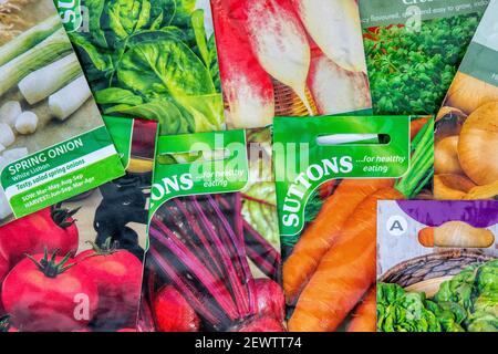 Päckchen Gemüsesaatgut für einen heimischen Gemüsegarten oder Zuteilung. Stockfoto