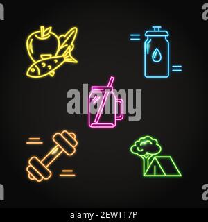 Gesundes Lifestyle-Konzept Icon im Neon-Stil. Diät und Fitness-Symbole Sammlung. Vektorgrafik. Stock Vektor