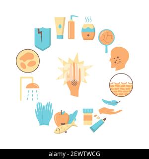 Ekzem Symptome und Behandlung rund Konzept Banner oder Poster Vorlage. Hautallergiesymbole im flachen Stil. Medizinische Vektordarstellung. Stock Vektor