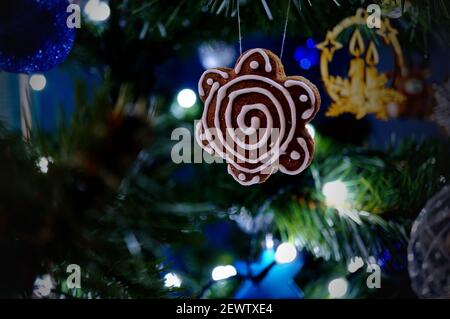 Dekorierter Lebkuchen in Form von Blumen, die auf dem leuchtenden Weihnachtsbaum hängen; schöne Weihnachtsdekoration Stockfoto