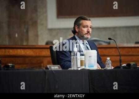 Washington, Usa. März 2021, 03rd. Sen. Ted Cruz (R-Texas) wird während einer Anhörung des Senats für innere Sicherheit und Regierungsangelegenheiten/Reglement und Administration gesehen, um den Angriff auf das US-Kapitol am Mittwoch, den 3. März 2021 in Washington, DC, am 6. Januar 2021 zu untersuchen. Pool Foto von Shawn Thew/UPI Kredit: UPI/Alamy Live Nachrichten Stockfoto