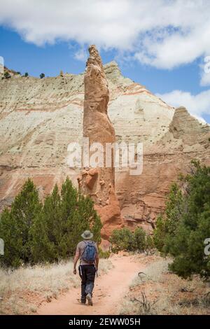 Wanderer zu Fuß in Richtung Ballerina Spire auf Panorama Trail, Kodachrome Basin, Utah, USA Stockfoto