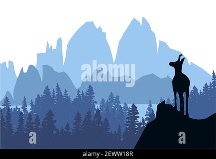 Eine Gämse steht auf einem Hügel mit Bergen und Wald im Hintergrund. Schwarze Silhouette mit blauem Hintergrund. Abbildung. Stockfoto