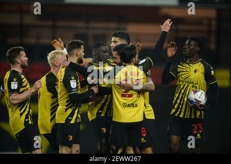 Vicarage Road, Watford, Hertfordshire, Großbritannien. März 2021, 3rd. English Football League Championship Football, Watford gegen Wycombe Wanderers; Watford Spieler feiern Andre Gray von Watford's Tor in der 14th Minute. Kredit: Aktion Plus Sport/Alamy Live Nachrichten Stockfoto