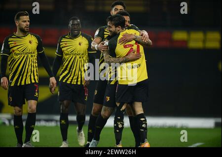 Vicarage Road, Watford, Hertfordshire, Großbritannien. März 2021, 3rd. English Football League Championship Football, Watford gegen Wycombe Wanderers; Watford Spieler feiern Andre Gray von Watford's Tor in der 14th Minute. Kredit: Aktion Plus Sport/Alamy Live Nachrichten Stockfoto