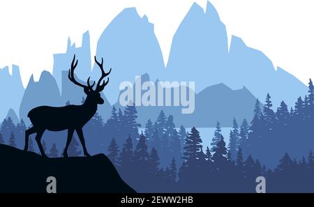 Hirsch mit Geweih auf der Spitze des Hügels mit Bergen und dem Wald im Hintergrund posiert. Silhouette mit blauem Hintergrund, Illustration. Stock Vektor