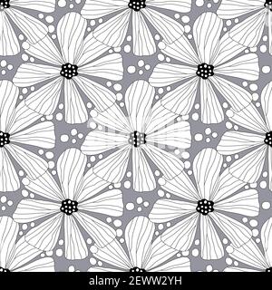Umreißen Blumen in schwarz und weiß auf grauem Hintergrund, doodles nahtlose monocrome floralen abstrakten Vektor-Muster. Stock Vektor