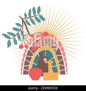 Abstrakte Komposition aus Eberesche, Vasen, Regenbogen, Sonne Stock Vektor