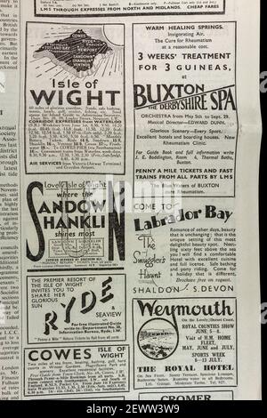 Anzeige für Feiertage an der Südküste Großbritanniens (Weymouth, Isle of Eight usw.) in der Zeitung Times, London, Großbritannien, Freitag, 24th. Mai 1935. Stockfoto