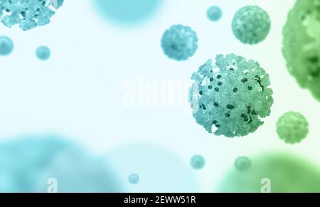 Coronavirus, Covid-19, 3D Abbildung. Blauer Zellenhintergrund. Mikroskopische Ansicht von schwimmenden Viruszellen. Influenza, 2019-ncov-Grippe. Konzept eines p Stockfoto