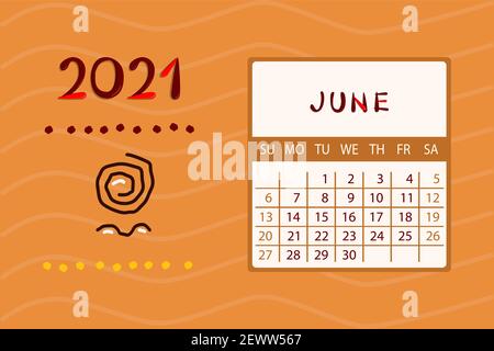Kalender Afrika für Juni 2021. Die Woche beginnt am Sonntag.farbenfrohes Design mit Ethno-Muster. Vektorgrafik. Stock Vektor