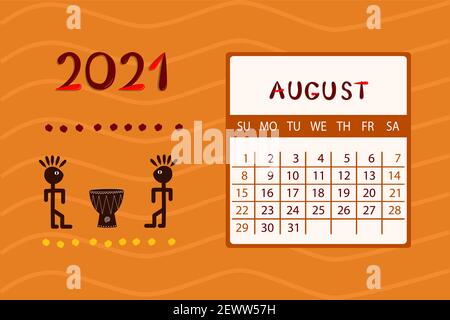 Kalender Afrika für August 2021. Die Woche beginnt am Sonntag.farbenfrohes Design mit Ethno-Muster. Vektorgrafik. Stock Vektor
