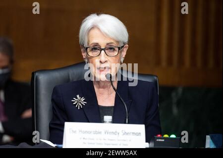 Washington, USA, 03rd. März 2021. 3. März 2021 - Washington, DC, Vereinigte Staaten: Wendy Sherman, Nominierte für das Amt des stellvertretenden Staatssekretärs, spricht bei einer Anhörung des Senats für Auswärtige Beziehungen. (Foto: Michael Brochstein/Sipa USA) Quelle: SIPA USA/Alamy Live News Stockfoto