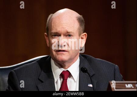 Washington, USA, 03rd. März 2021. 3. März 2021 - Washington, DC, Vereinigte Staaten: US-Senator Chris Coons (D-DE) spricht bei einer Anhörung des Senats Foreign Relations Committee. (Foto: Michael Brochstein/Sipa USA) Quelle: SIPA USA/Alamy Live News Stockfoto