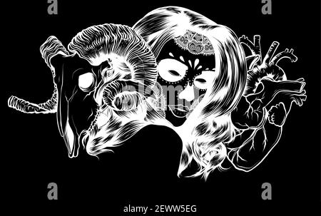 vektor-Illustration von Frau mit Ziegenschädel und Herz Stock Vektor