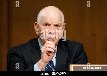 Washington, USA, 03rd. März 2021. 3. März 2021 - Washington, DC, Vereinigte Staaten: US-Senator Ben Cardin (D-MD) spricht bei einer Anhörung des Senats Foreign Relations Committee. (Foto: Michael Brochstein/Sipa USA) Quelle: SIPA USA/Alamy Live News Stockfoto