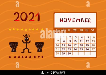 Kalender Afrika für November 2021. Die Woche beginnt am Sonntag.farbenfrohes Design mit Ethno-Muster. Vektorgrafik. Stock Vektor