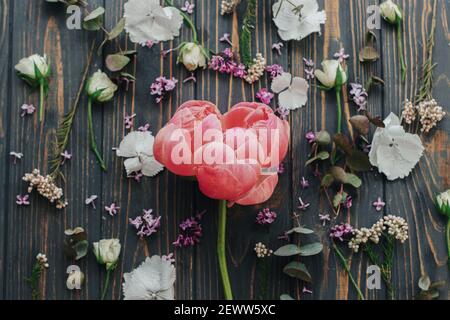 Schöne rosa Pfingstrose und Flieder, Eukalyptus, Hortensien, Rosenblätter auf dunklem Holzhintergrund flach legen. Draufsicht. Frühlingsblumen Layout auf rus Stockfoto