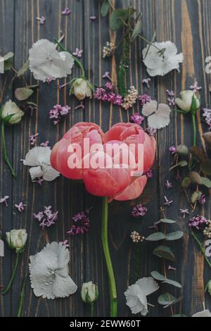 Schöne rosa Pfingstrose und Flieder, Eukalyptus, Hortensien, Rosenblätter auf dunklem Holzhintergrund flach legen. Draufsicht. Frühlingsblumen Layout auf rus Stockfoto