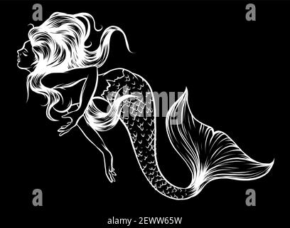 Silhouette schöne Meerjungfrau mit. Handgezeichnete Illustration. vektor Stock Vektor