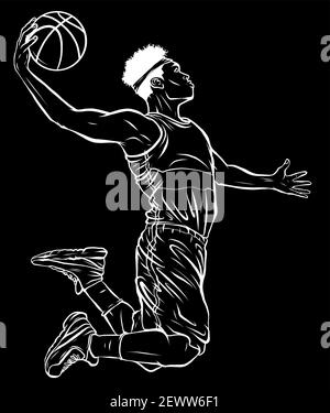 Silhouette Cartoon Basketballspieler bewegt Dribble mit einem Lächeln vektor Stock Vektor