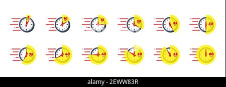 Timer und Stoppuhr-Symbol eingestellt. Kochen in der Küche oder schnelle Express-Lieferzeiten Etiketten mit verschiedenen Minuten. Sportzeituhr oder Stichtag Countdown Symbol Sammlung Vektor isoliert eps illustrieren Stock Vektor