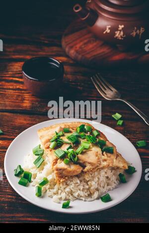 Oyakodon. Japanisches Reisgericht mit Huhn, Ei, in Scheiben geschnittene Schalotten Stockfoto