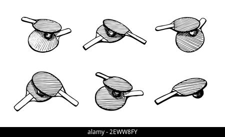 Ping-Pong Schläger und Ball handgezeichnete Skizze Symbol Set. Tischtennisausrüstung. Ping Pong Spiel Paddles Logo Konzept. Vektor schwarze Tinte Doodle isolierte Illustration auf weißem Hintergrund Stock Vektor