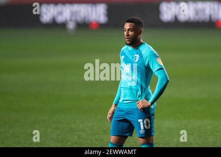 Bristol, Großbritannien. März 2021, 03rd. Arnaut Danjuma von Bournemouth schaut auf. EFL Skybet Championship match, Bristol City gegen AFC Bournemouth im Ashton Gate Stadium in Bristol, Avon am Mittwoch, 3rd. März 2021. Dieses Bild darf nur für redaktionelle Zwecke verwendet werden. Nur redaktionelle Verwendung, Lizenz für kommerzielle Nutzung erforderlich. Keine Verwendung in Wetten, Spiele oder ein einzelner Club / Liga / Spieler Publikationen. PIC von Lewis Mitchell / Andrew Orchard Sport Fotografie / Alamy Live News Kredit: Andrew Orchard Sport Fotografie / Alamy Live News Stockfoto