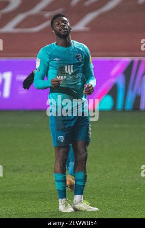 Bristol, Großbritannien. März 2021, 03rd. Jefferson Lerma aus Bournemouth reagiert, nachdem sein Schuss gerettet wurde. EFL Skybet Championship match, Bristol City gegen AFC Bournemouth im Ashton Gate Stadium in Bristol, Avon am Mittwoch, 3rd. März 2021. Dieses Bild darf nur für redaktionelle Zwecke verwendet werden. Nur redaktionelle Verwendung, Lizenz für kommerzielle Nutzung erforderlich. Keine Verwendung in Wetten, Spiele oder ein einzelner Club / Liga / Spieler Publikationen. PIC von Lewis Mitchell / Andrew Orchard Sport Fotografie / Alamy Live News Kredit: Andrew Orchard Sport Fotografie / Alamy Live News Stockfoto