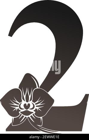 Nummer 2 Logo-Symbol mit schwarzer Orchidee Design Vektor Illustration Stock Vektor